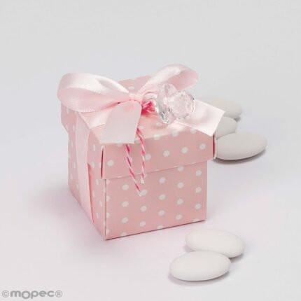Cajita rosa topos con chupete y lazo