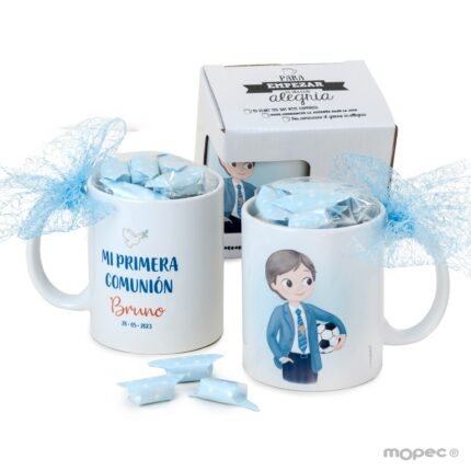 Taza de cerámica de niño Comunión con pelota y 7 caramelos