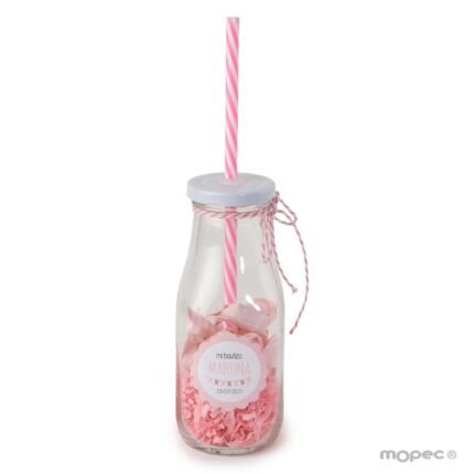 Botellita cristal caña rosa y viruta rosa con 12 caramelos