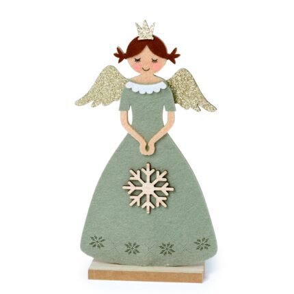 Angelita de fieltro verde con base madera.