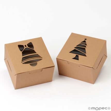 Caja navideña con ventana transparente de campana y árbol