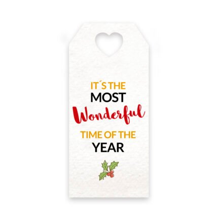 Tarjeta con agujero corazón "most wonderful time" y acebo de 3x7cm.