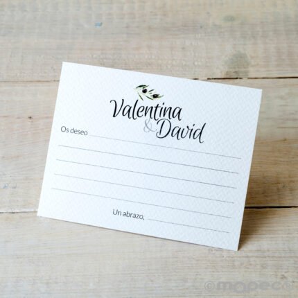 Tarjeta de mensajes a los novios modelo rama de olivo 11x8