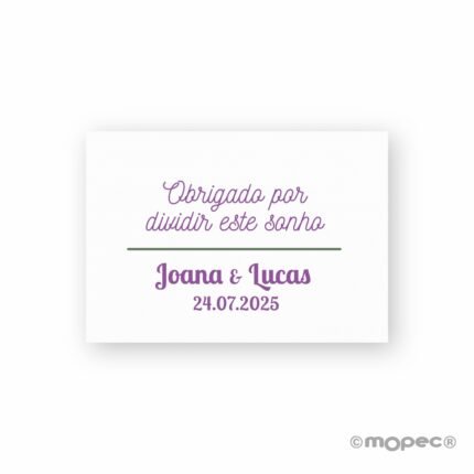 Tarjeta precortada Obrigado por compartir....texto lila y verde 5x3