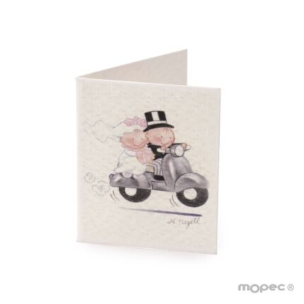 Tarjeta librito de los novios Pit&Pita en moto