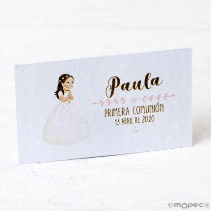 Tarjeta precortada Comunión niña con vestido largo y corona de flores